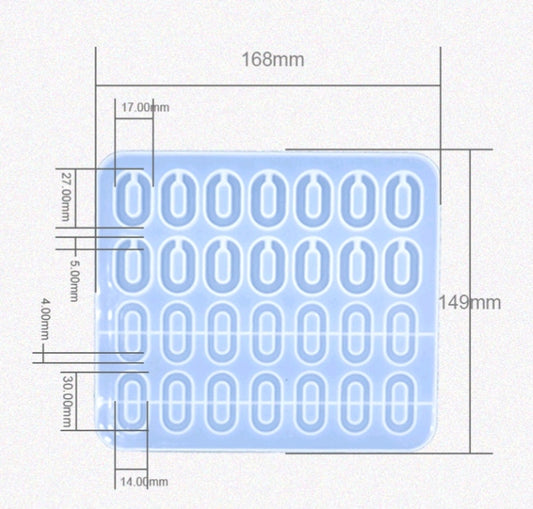 Blue silicone oval 28-cavity jewellery mould with raised cavity outlines