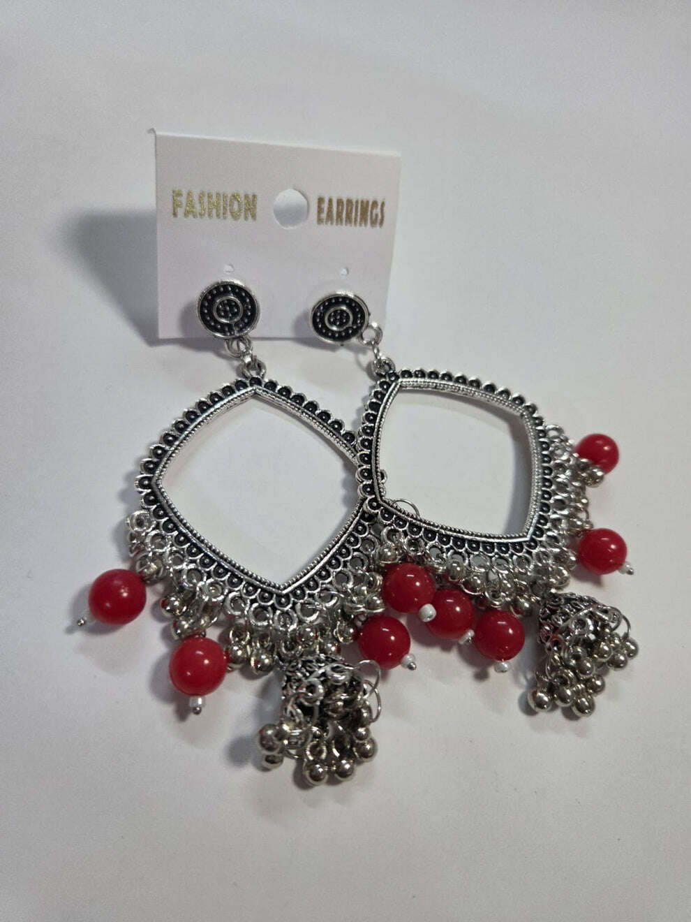 Kashmiri square jhumka earrings with red beads and silver-tone dangling jhumki