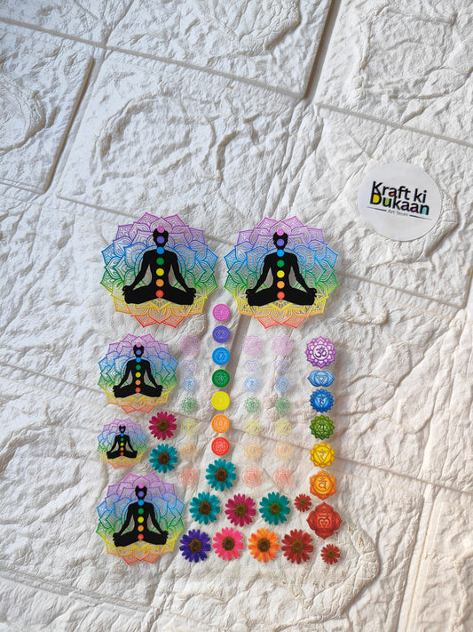 UV DTF peel-off sticker sheet with colorful yoga icons and flower decals, multiple sizes