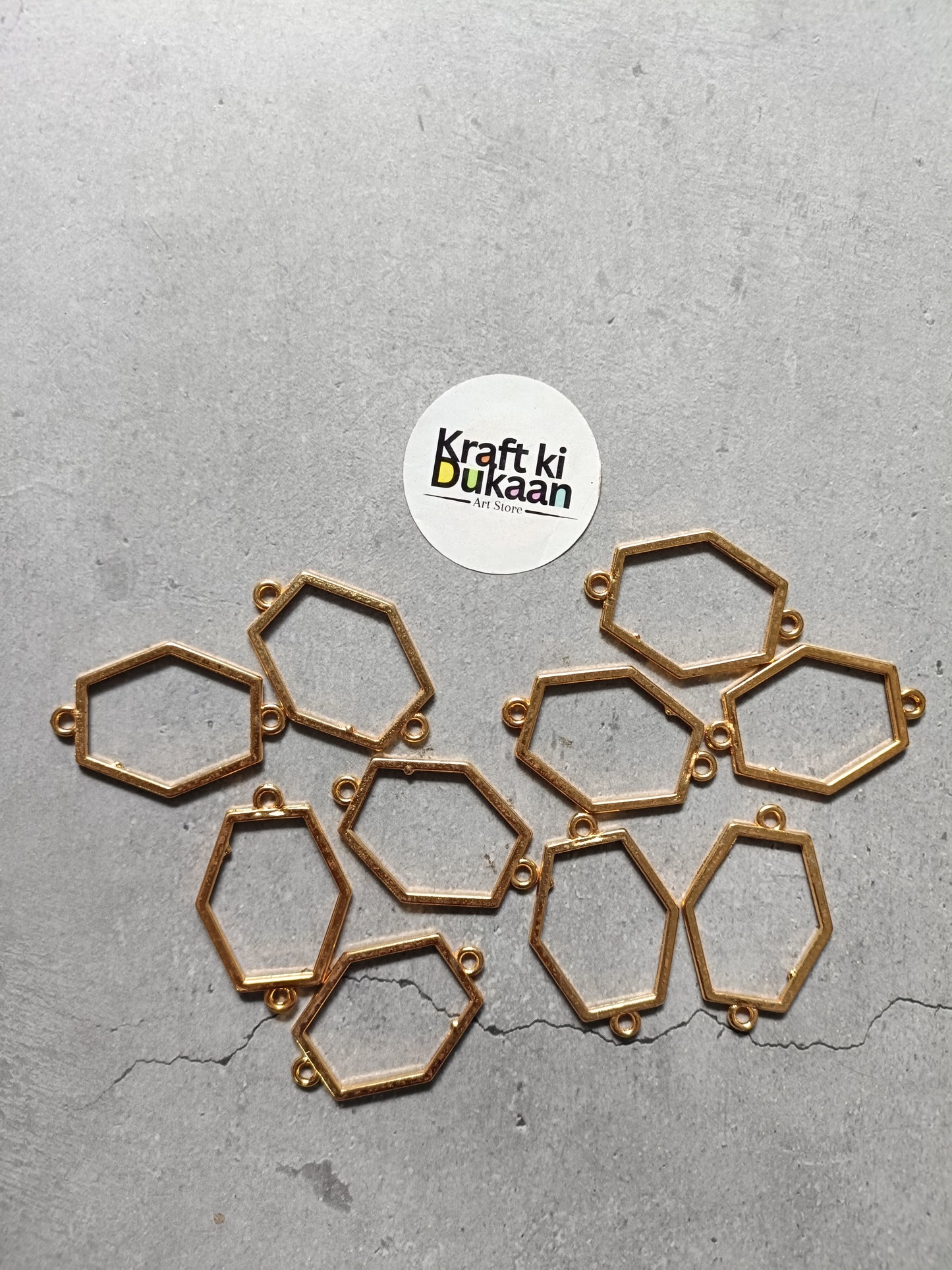 Hexagon bezel bracelet link connectors, plain gold tone metal, 10pc set layout