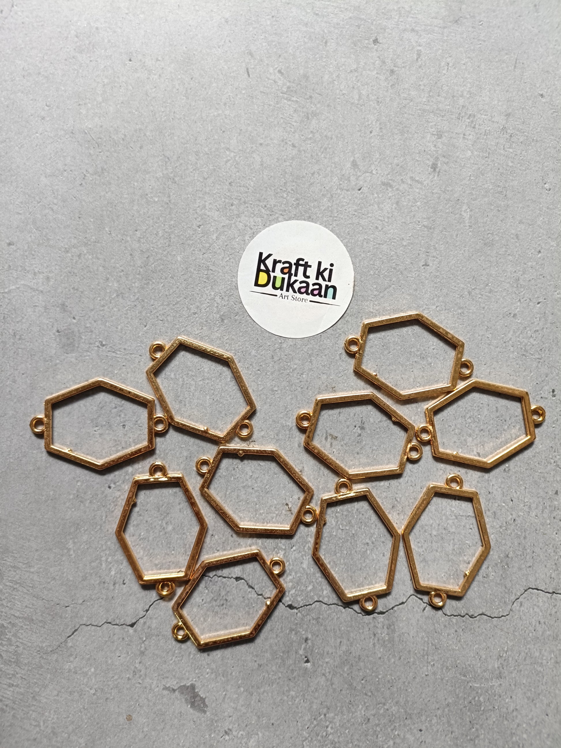 Hexagon bezel bracelet link connectors, plain gold tone metal, 10pc set layout