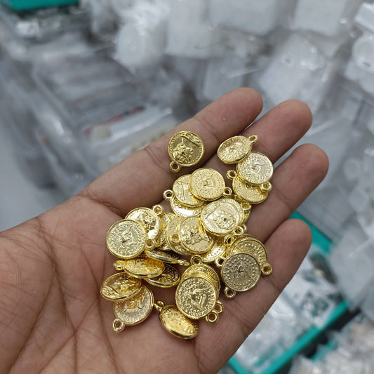 Gold circular rakhi bracelet coin charms with small loops for attaching