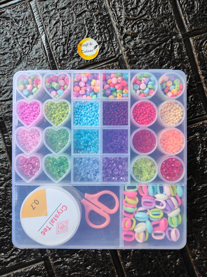 DIY bracelet beads kit tray with colorful beads, heart charms, and scissors
