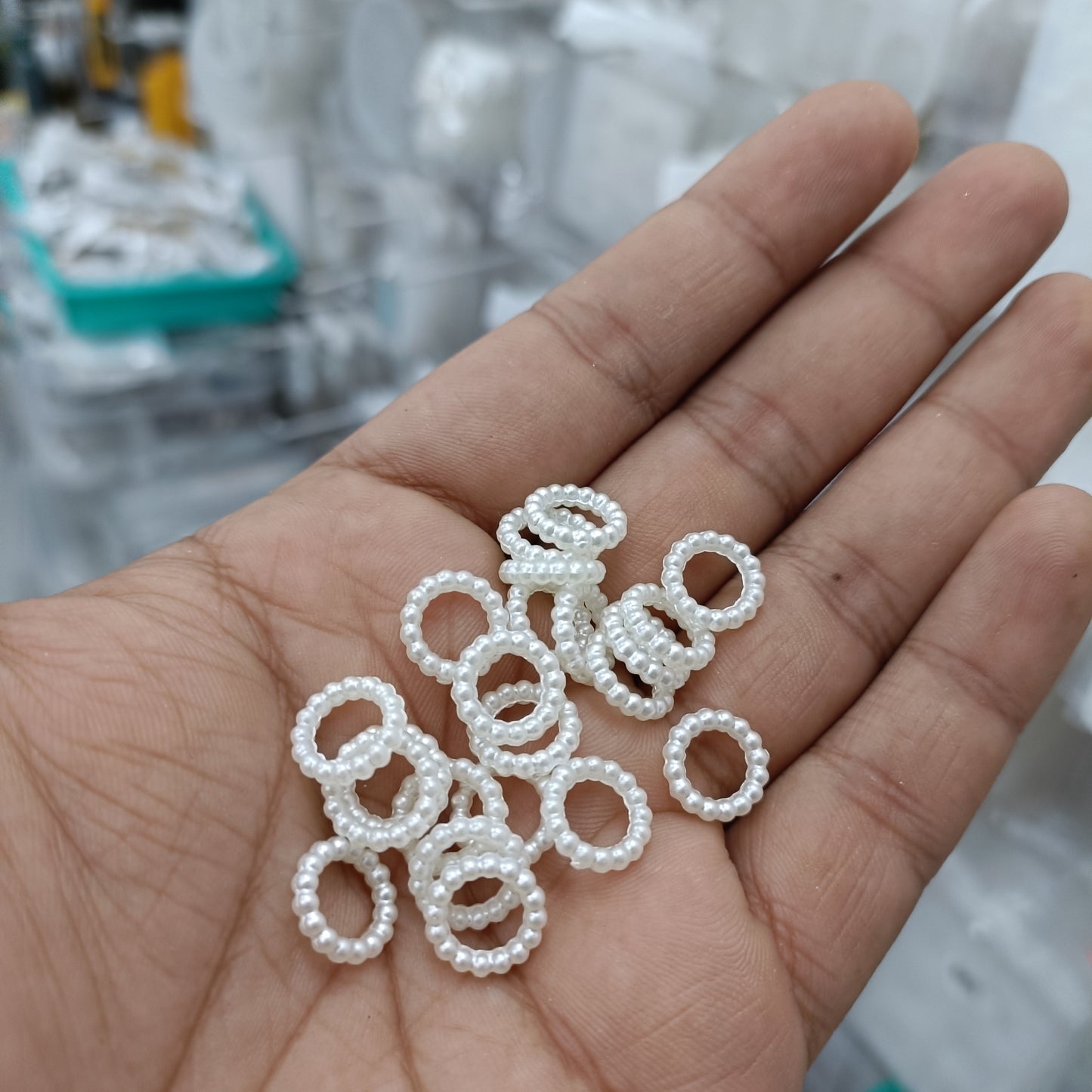 White pearl bead rings (12mm), small circular loops with faux pearl beads