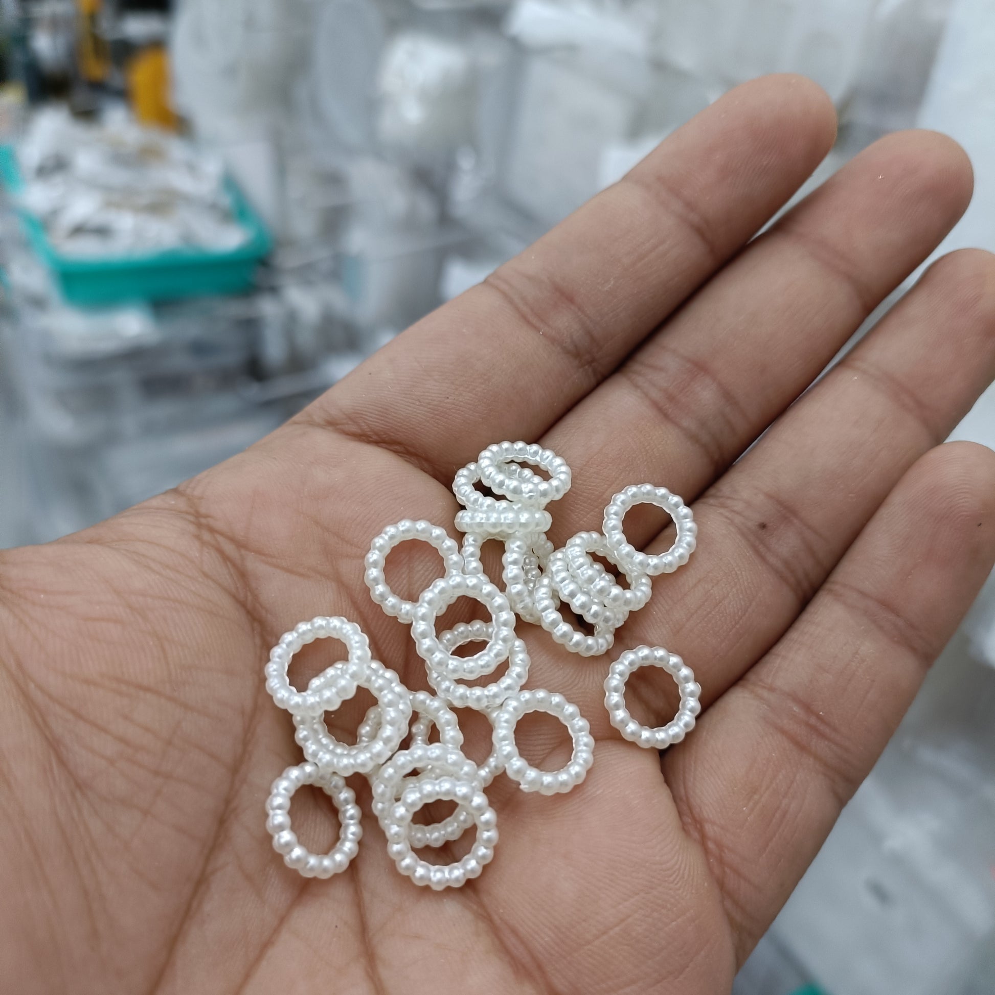 White pearl bead rings (12mm), small circular loops with faux pearl beads