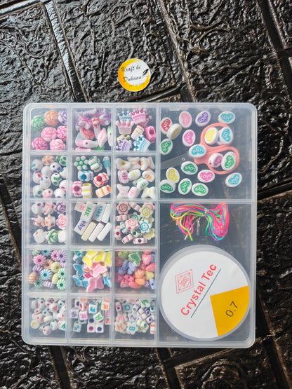 DIY bracelet beads kit in clear organizer with colorful letter beads and thread