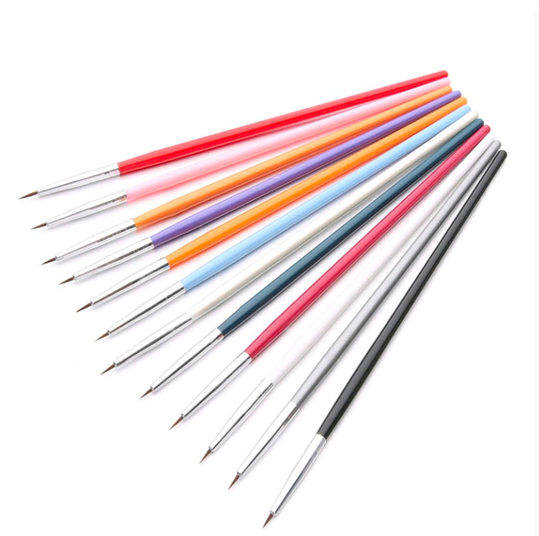 Ultra-thin nail art brush set, angled view of 12 pointed detail brushes with colored handles
