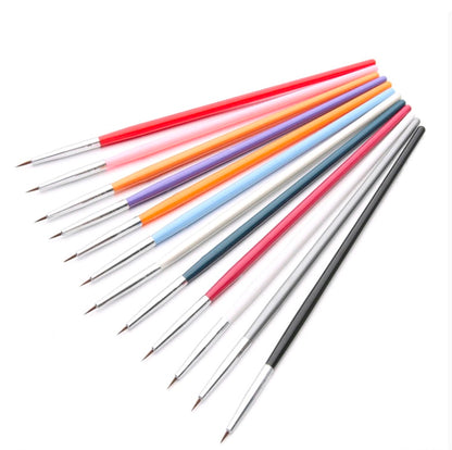 Ultra-thin nail art brush set, angled view of 12 pointed detail brushes with colored handles
