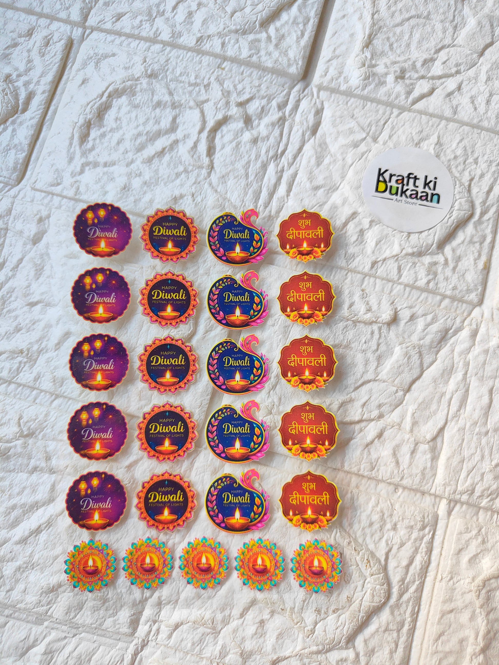 UV DTF peel-off sticker sheet with Diwali round and scalloped gold designs, multicolor