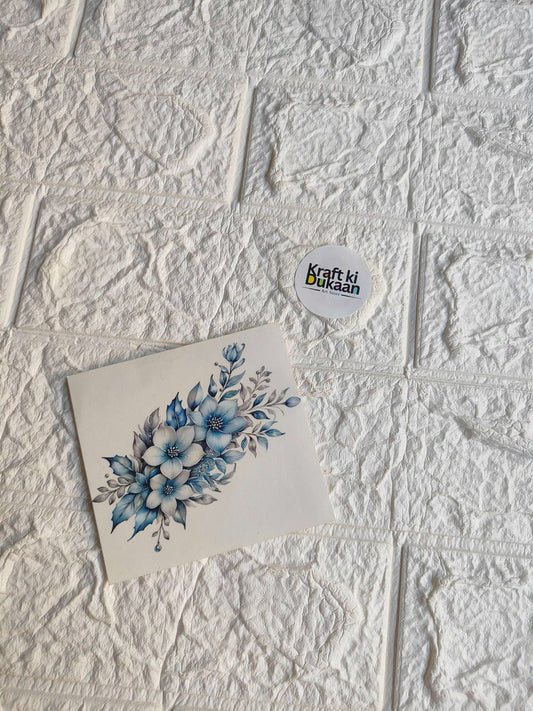 Sticker sheet with blue floral bouquet on white backing