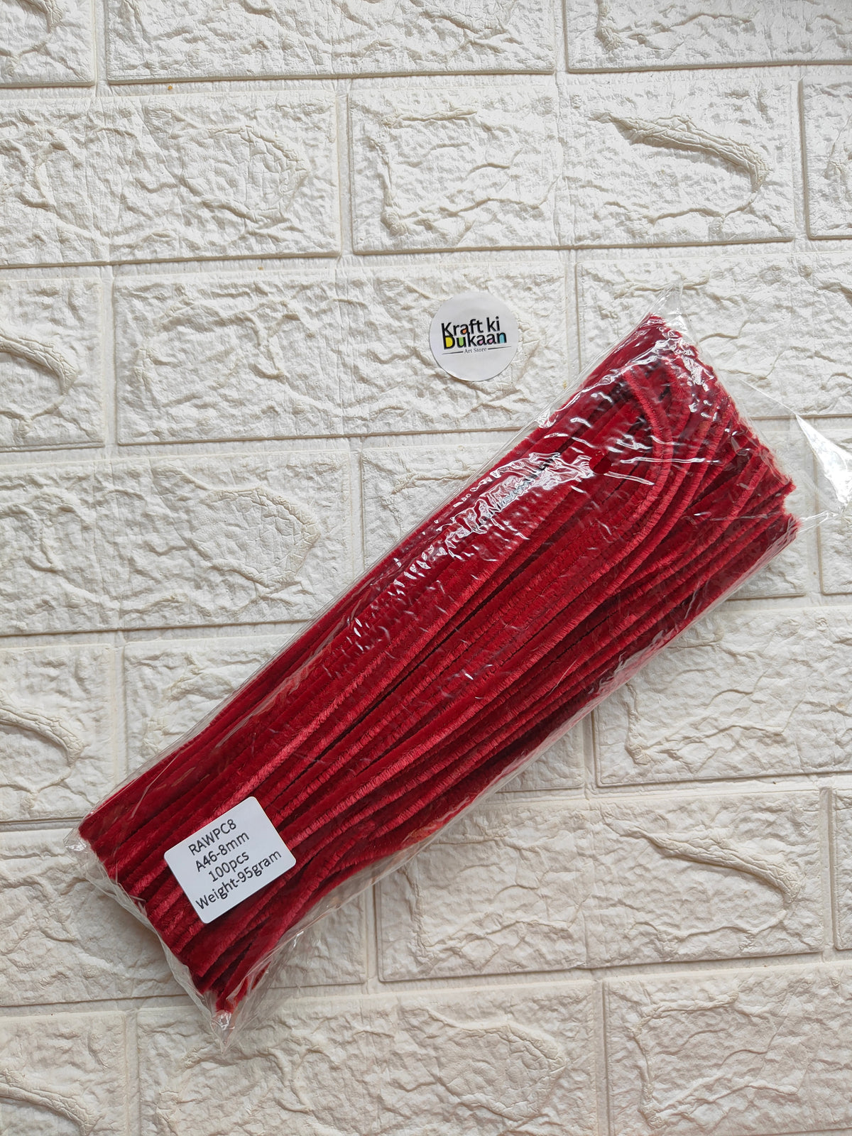 Deep red pipe cleaners, 8mm stems, in clear plastic bag with label