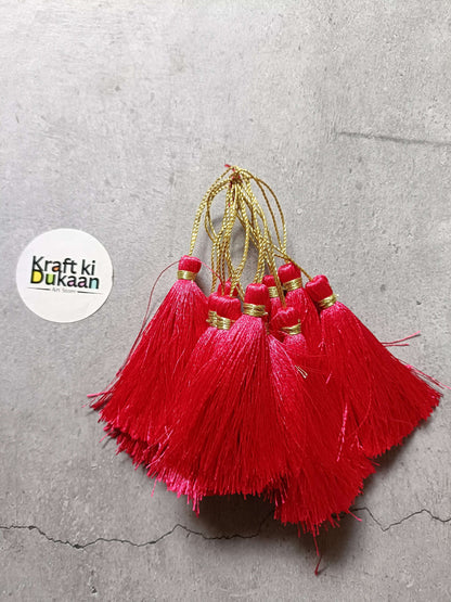 Silk tassel set of 12 bright red tassels with gold caps and hanging loops