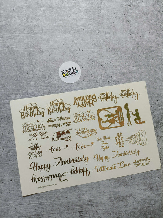 Gold embossed birthday and anniversary sticker sheet with phrases and small icons