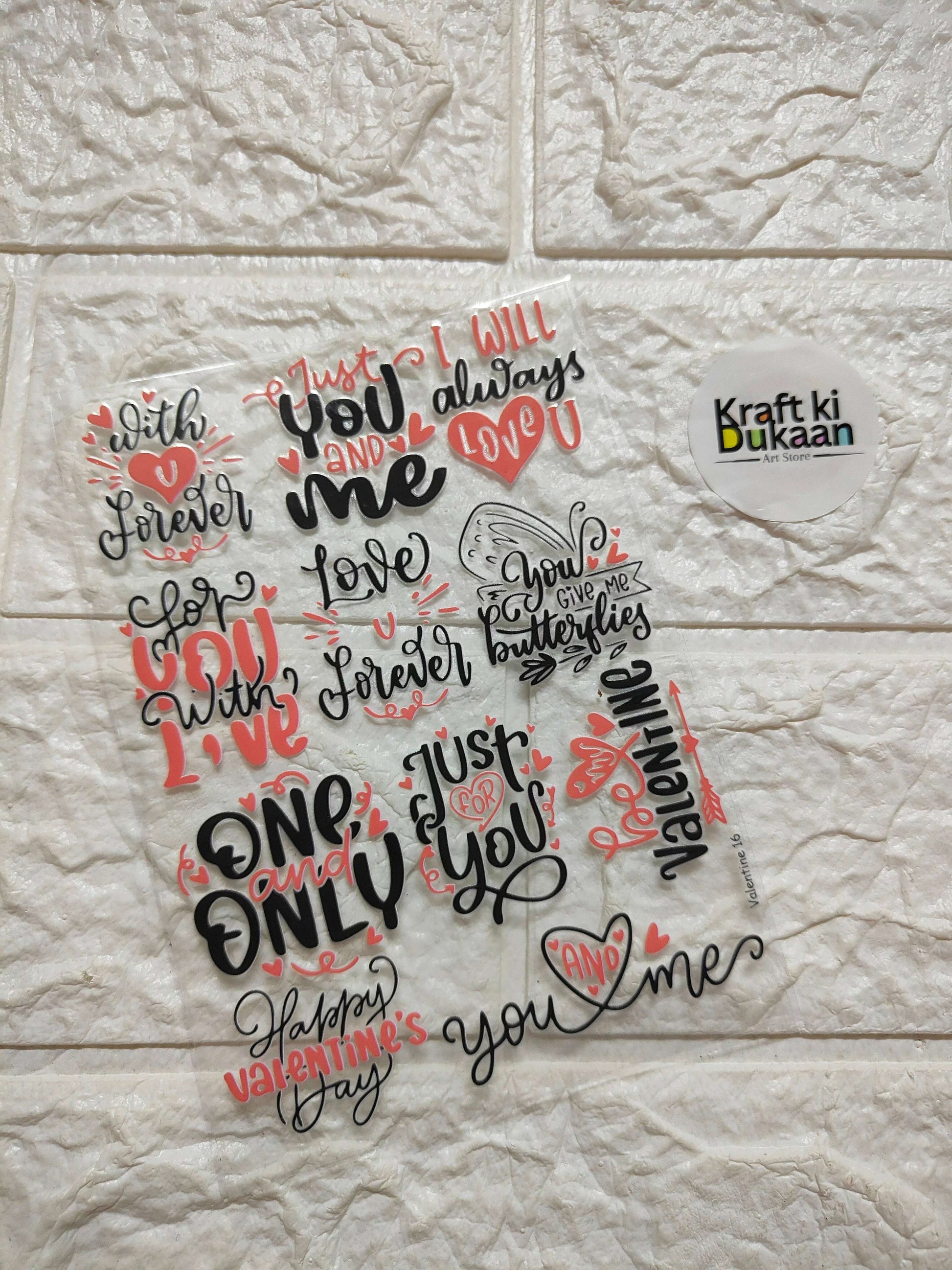 Peel-off sticker sheet with colorful love hearts and handwritten Valentine quotes