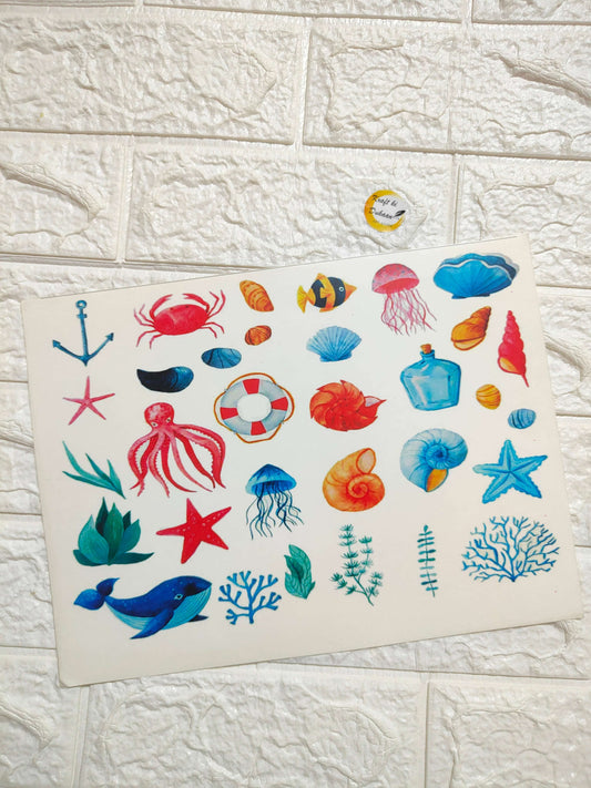 A4 colour sticker sheet A29 with colorful sea creatures and shells