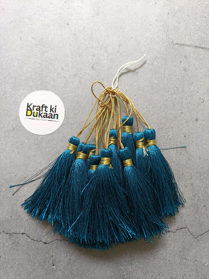 Silk tassel set, deep teal tassels with gold cords and gold bead caps