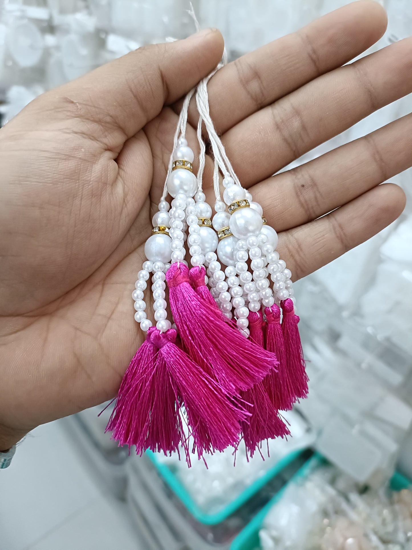 Beaded pearl latkan tassel bunch with pink silk tassels and white bead strands
