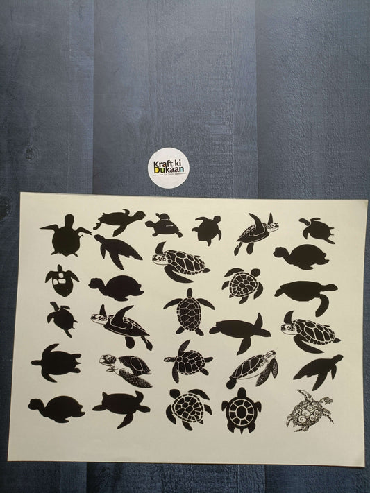 A4 colour sticker sheet with black animal icons, including turtles and tortoises