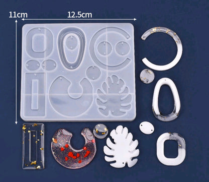Silicone 12-cavity jewelry mould with assorted pendant and ring shapes