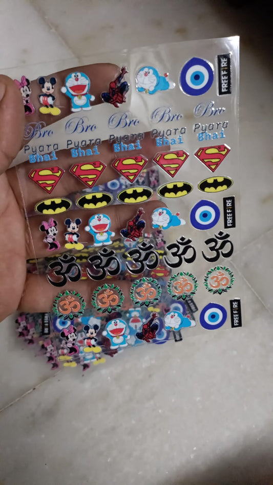 Peel-off UV DTF sticker sheet with colorful cartoon characters, bows, target and 30 icons