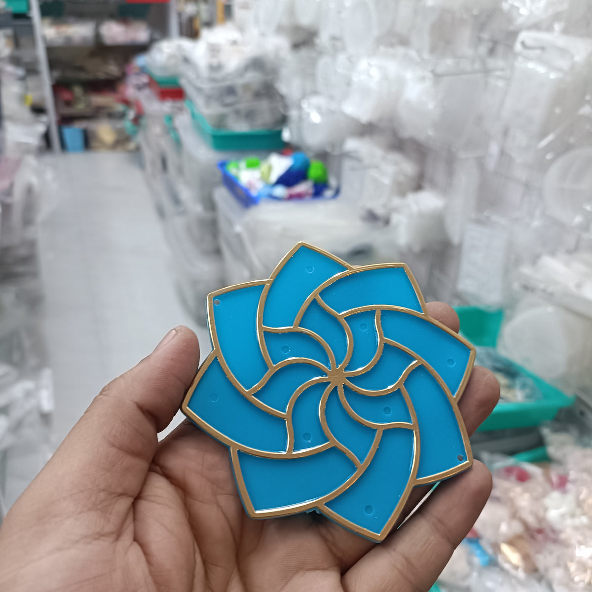4-inch acrylic rangoli tealight base, sky blue petals with gold outline—set of 2