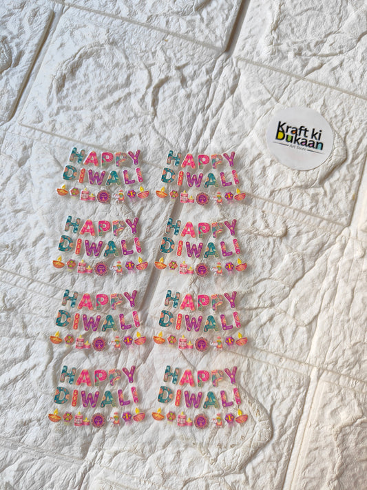 Peel-off sticker sheet with multiple colorful Happy Diwali text designs