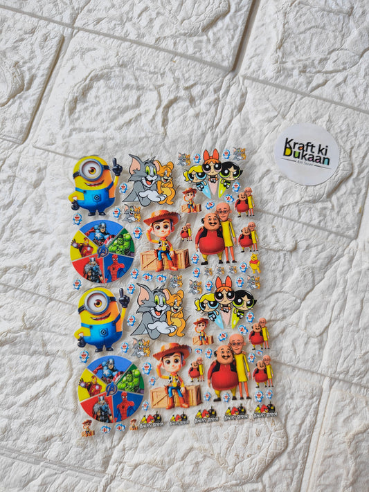 Colorful cartoon character sticker sheet with many mini figures and icons