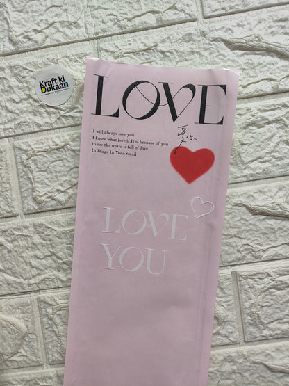 Pink 14x40cm gift cover with “LOVE LOVE YOU” text and red heart graphic