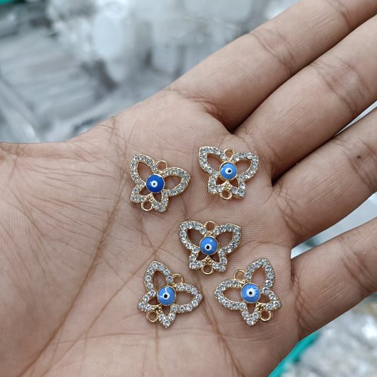 Set of 5 butterfly bracelet pendants with blue enamel eye and rhinestone border