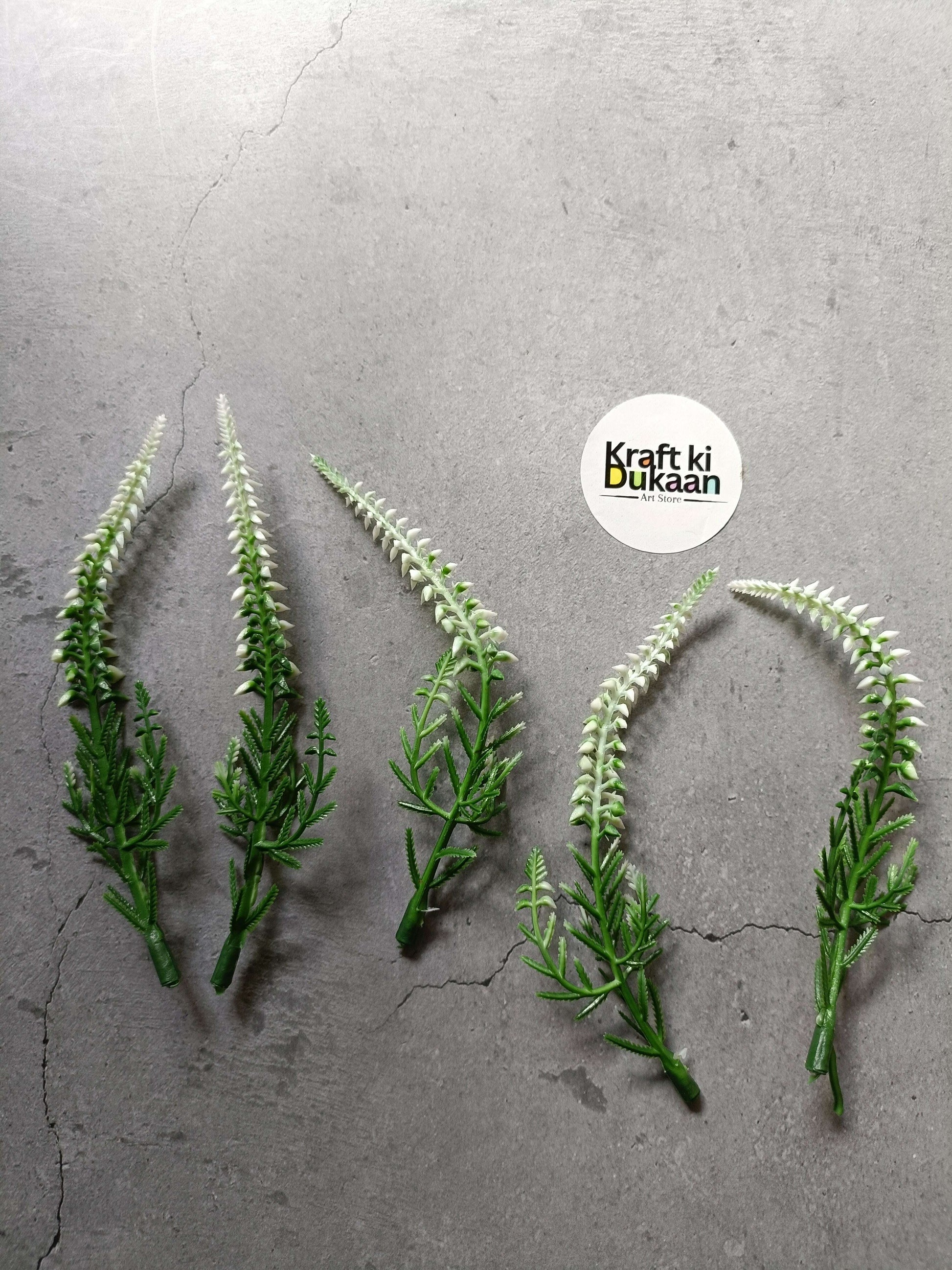 Artificial flower sprig set of 5 with white spike blossoms on green stems