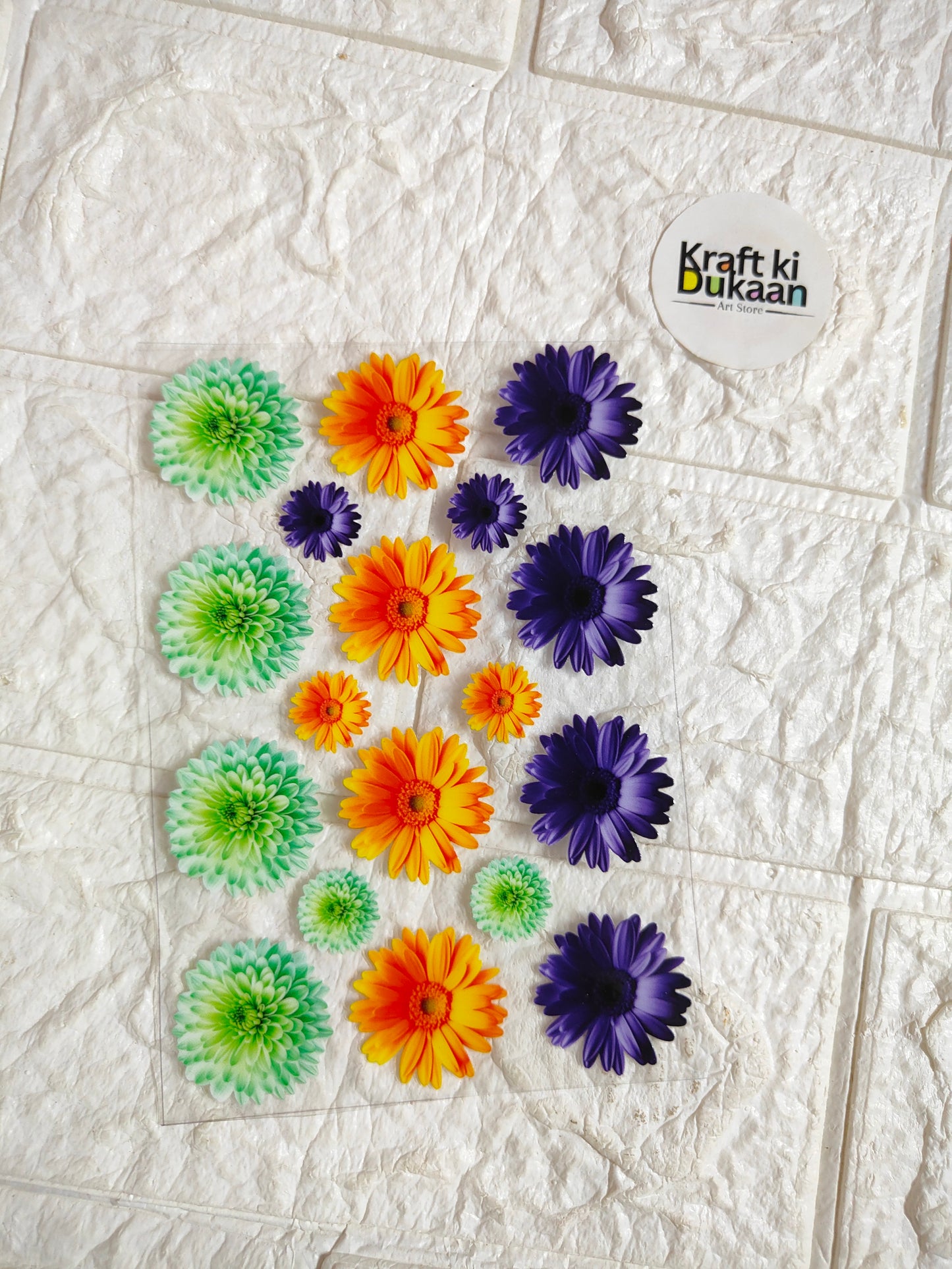 Peel-off sticker sheet with colorful flower daisy and blossom decals