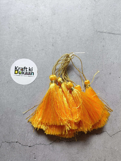 Silk tassel set of 12 golden yellow tassels with gold caps and hanging loops