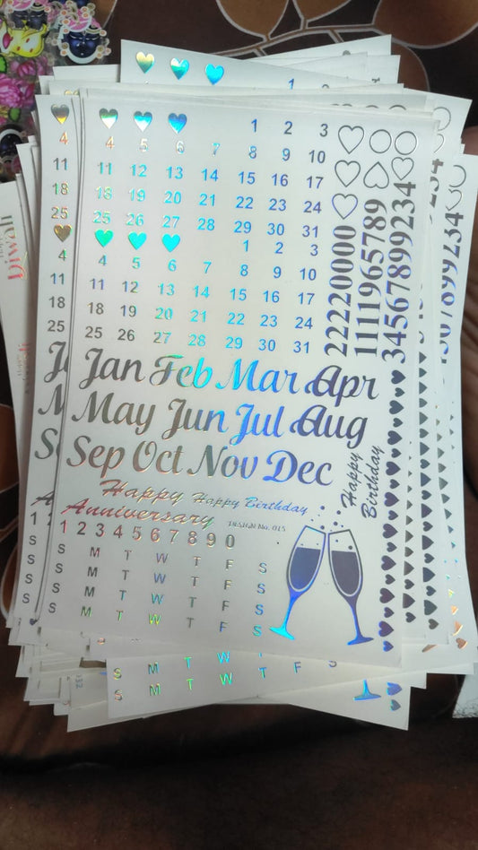Holographic sticker sheet with script dates, heart icons, and champagne glass designs
