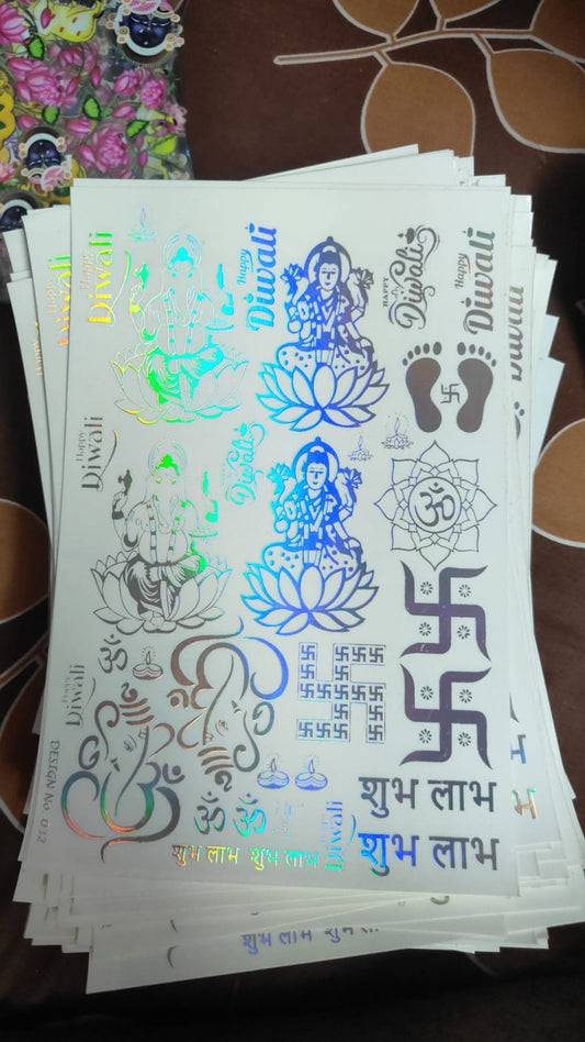 Holographic sticker sheet with blue fantasy icons and figures on white backing