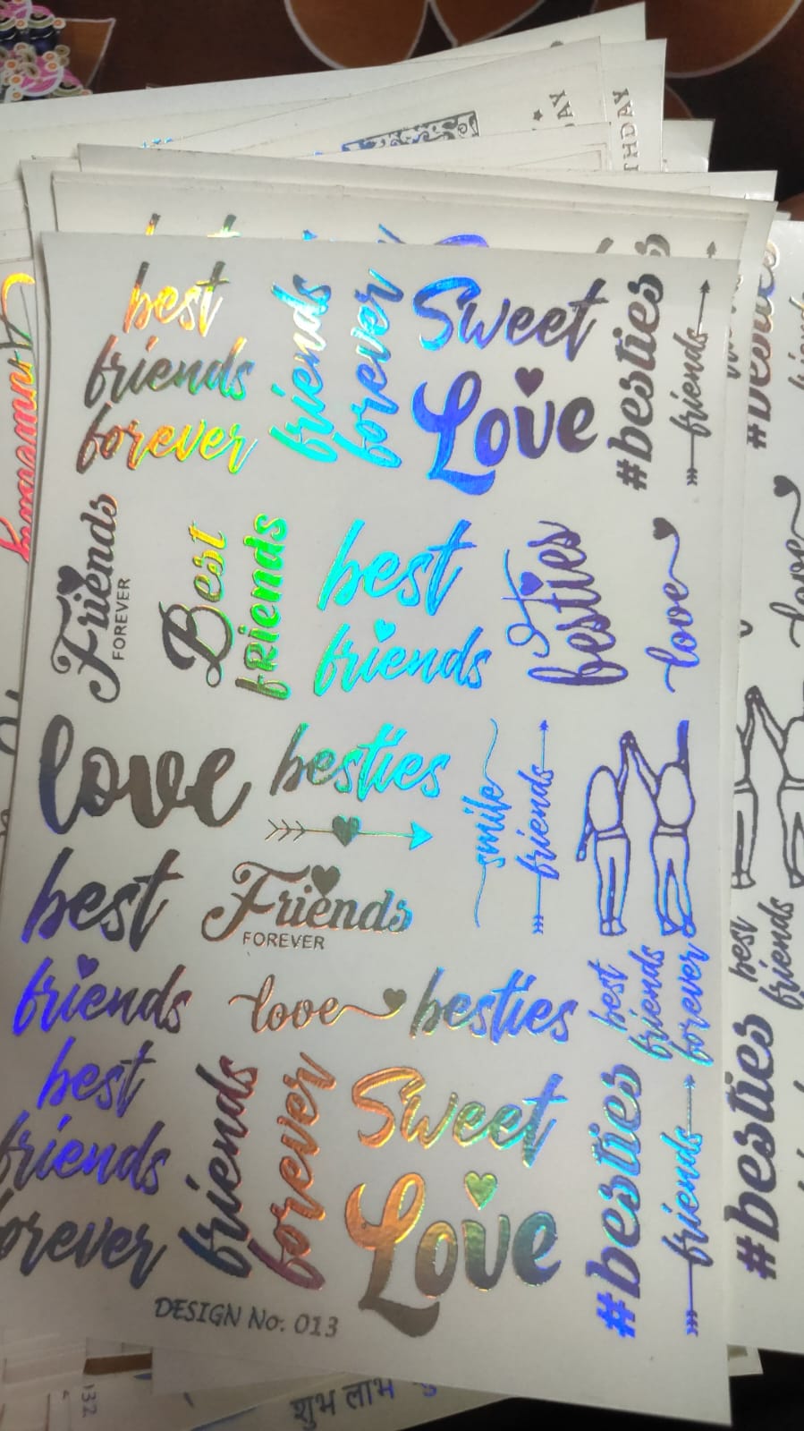 Holographic sticker sheet with Love, Sweet, best friends word designs and hearts