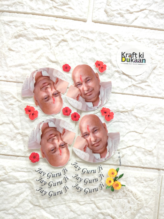 Peel-off sticker sheet with four portrait faces, red flower accents, and “Jay Guru Ji” text
