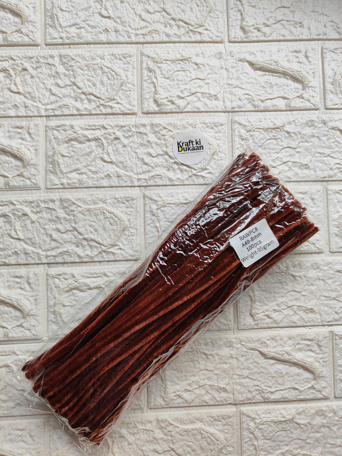 Brown pipe cleaners, 8mm stems, packed in clear plastic with product label