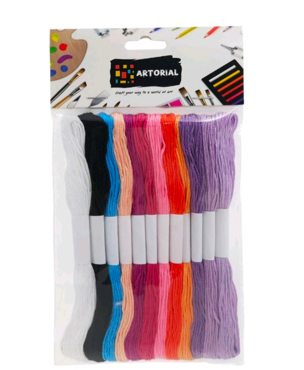 Craft thread set, 12 spools with assorted colors: white, black, blue, peach, pink, purple