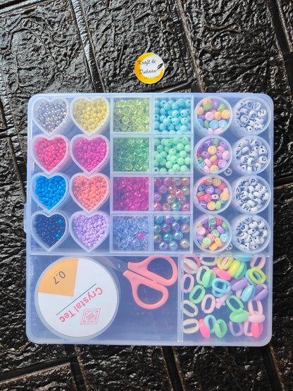 DIY bracelet beads kit tray with heart and round beads in divided compartments