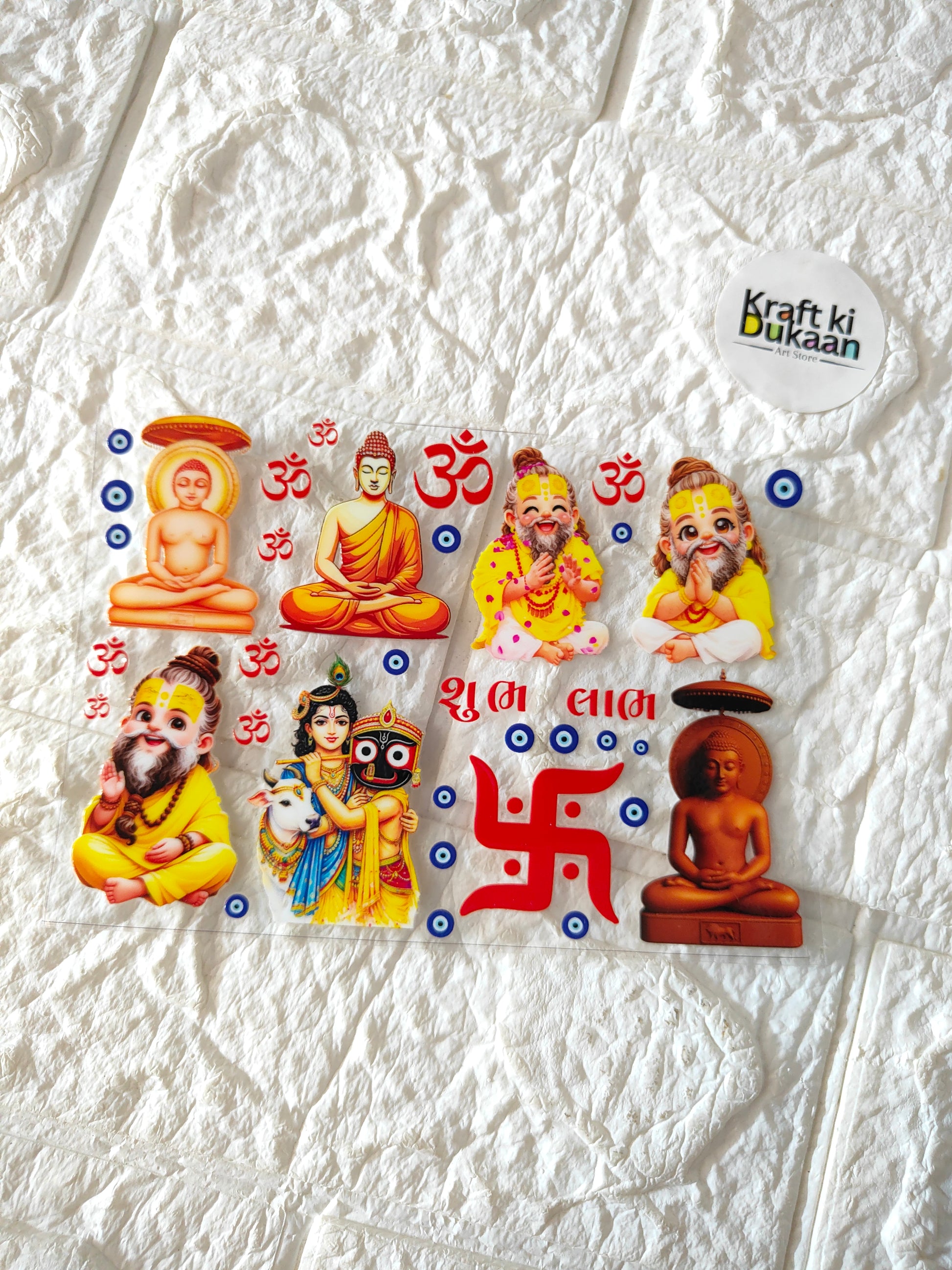 Colorful peel-off sticker sheet with multiple Hindu deity figures and small symbols