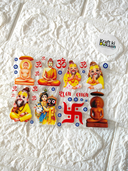 Colorful peel-off sticker sheet with multiple Hindu deity figures and small symbols