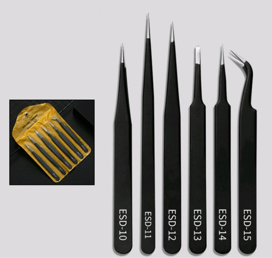 ESD stainless steel tweezer set, six black tweezers with labeled tips ESD-10–15