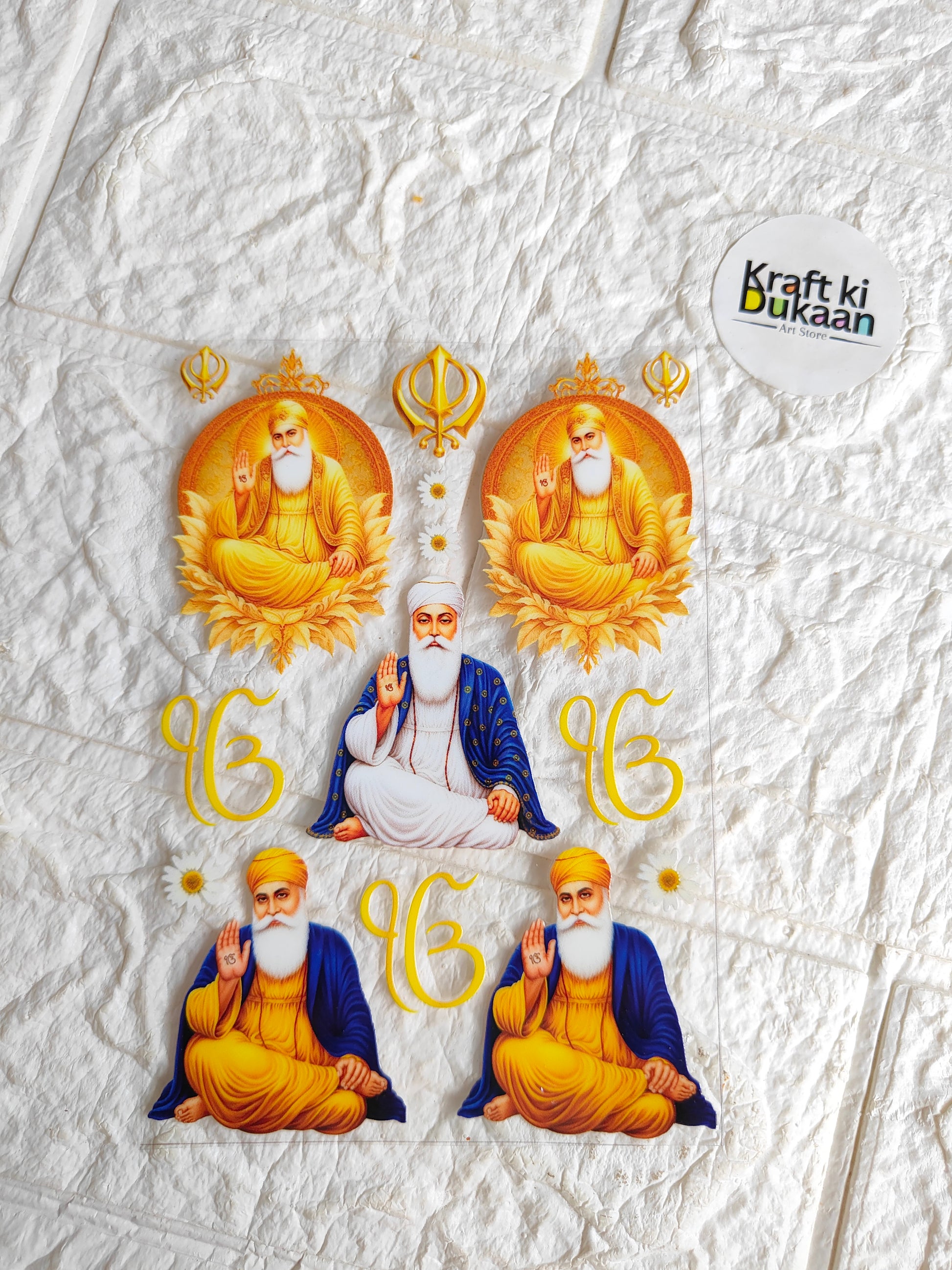 UV DTF peel-off sticker sheet with five golden and blue seated Buddha figures