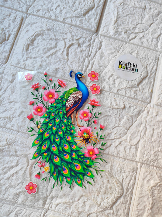 Peacock and flowers UV DTF peel-off sticker with colorful floral design