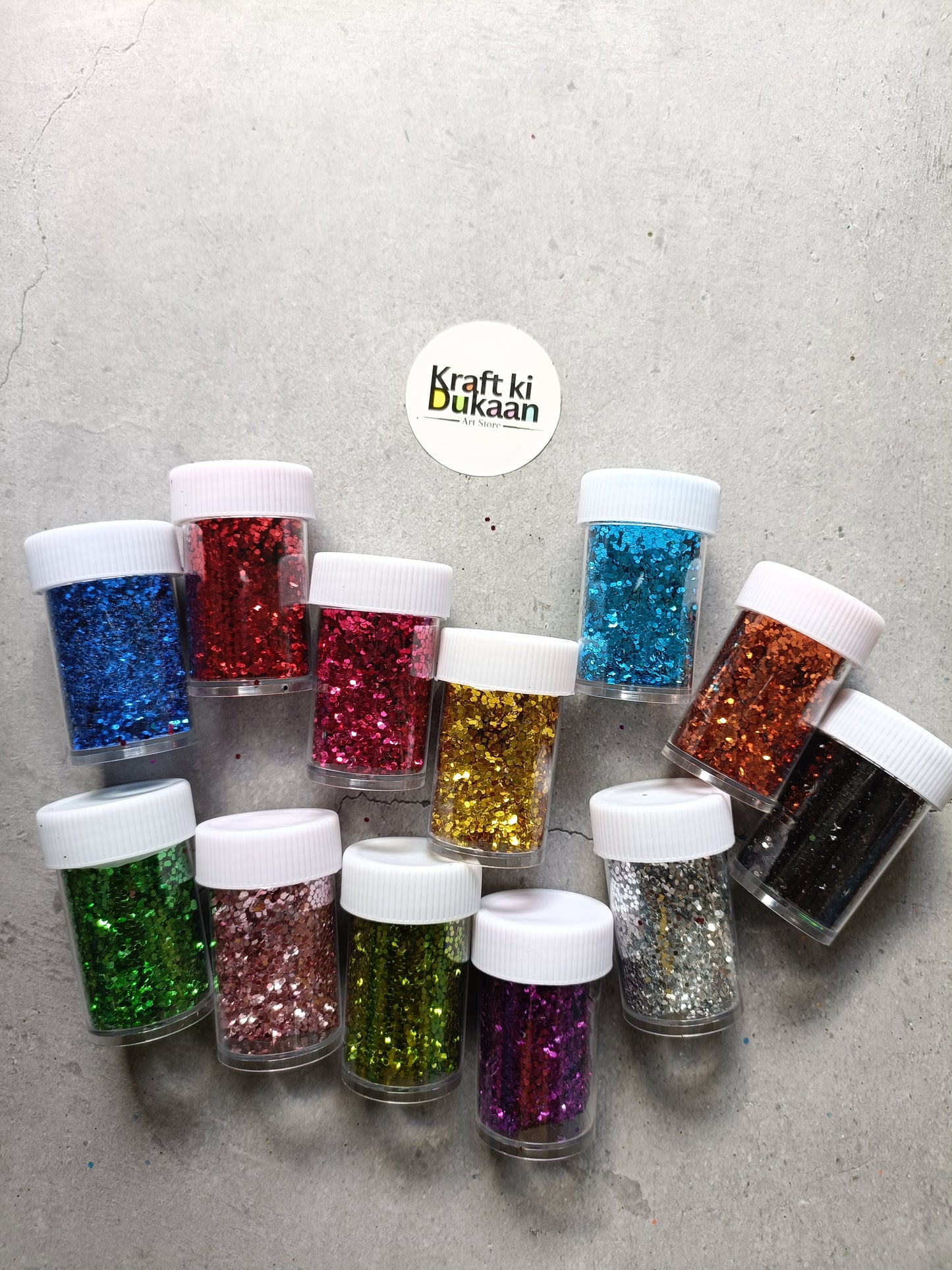 Hexagon glitter jar set with multiple colors in small bottles