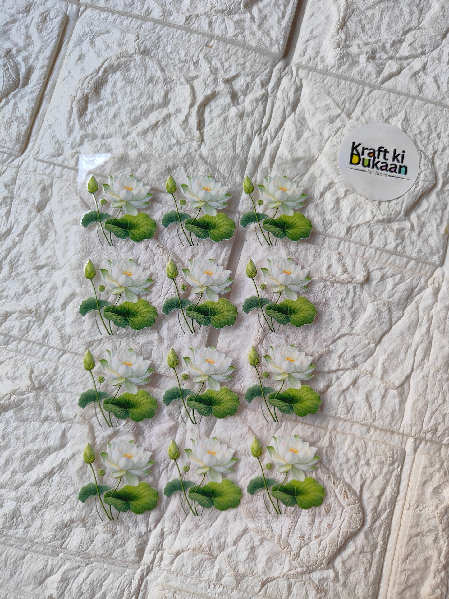 UV DTF peel-off sticker sheet with 15 white flower and green leaf designs