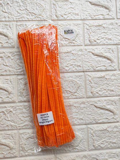 Orange pipe cleaners, 8mm stems, in clear plastic packaging with label