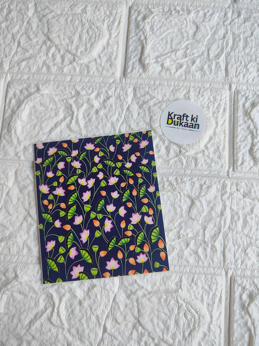 Mini colour sticker sheet with floral pattern, dark blue base and purple and orange flowers