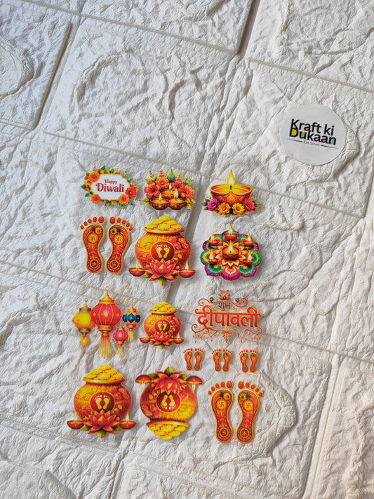 UV DTF peel-off sticker sheet with colorful Hindu festival icons and diya designs