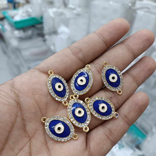 Rakhi bracelet pendants: blue evil-eye with gold-tone frame and rhinestone trim